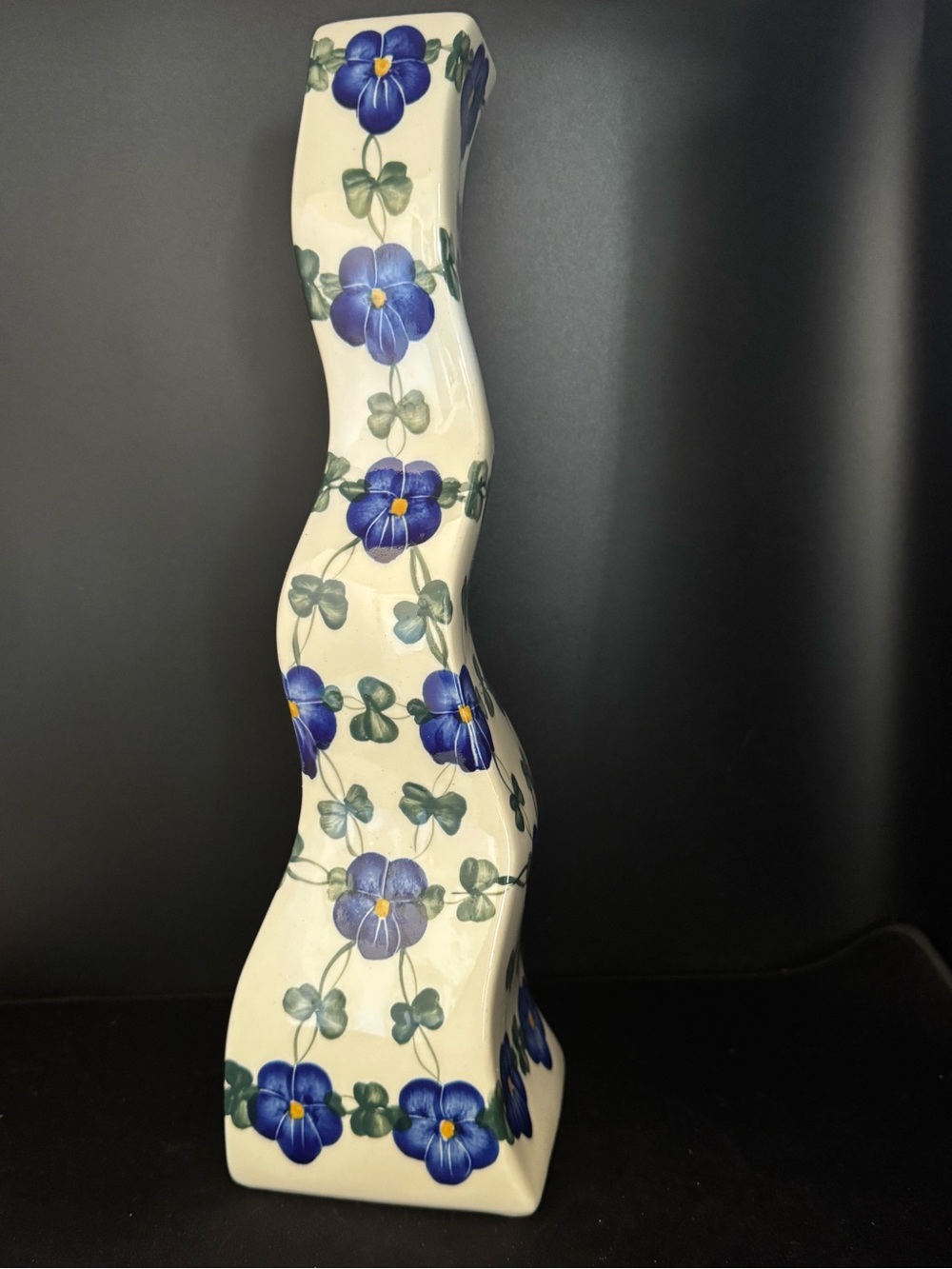 Vintage Polish Pottery Wavy Tall Vase Floral 13.5”